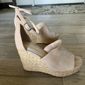 Open-toe suede sandal with straw wedge heel